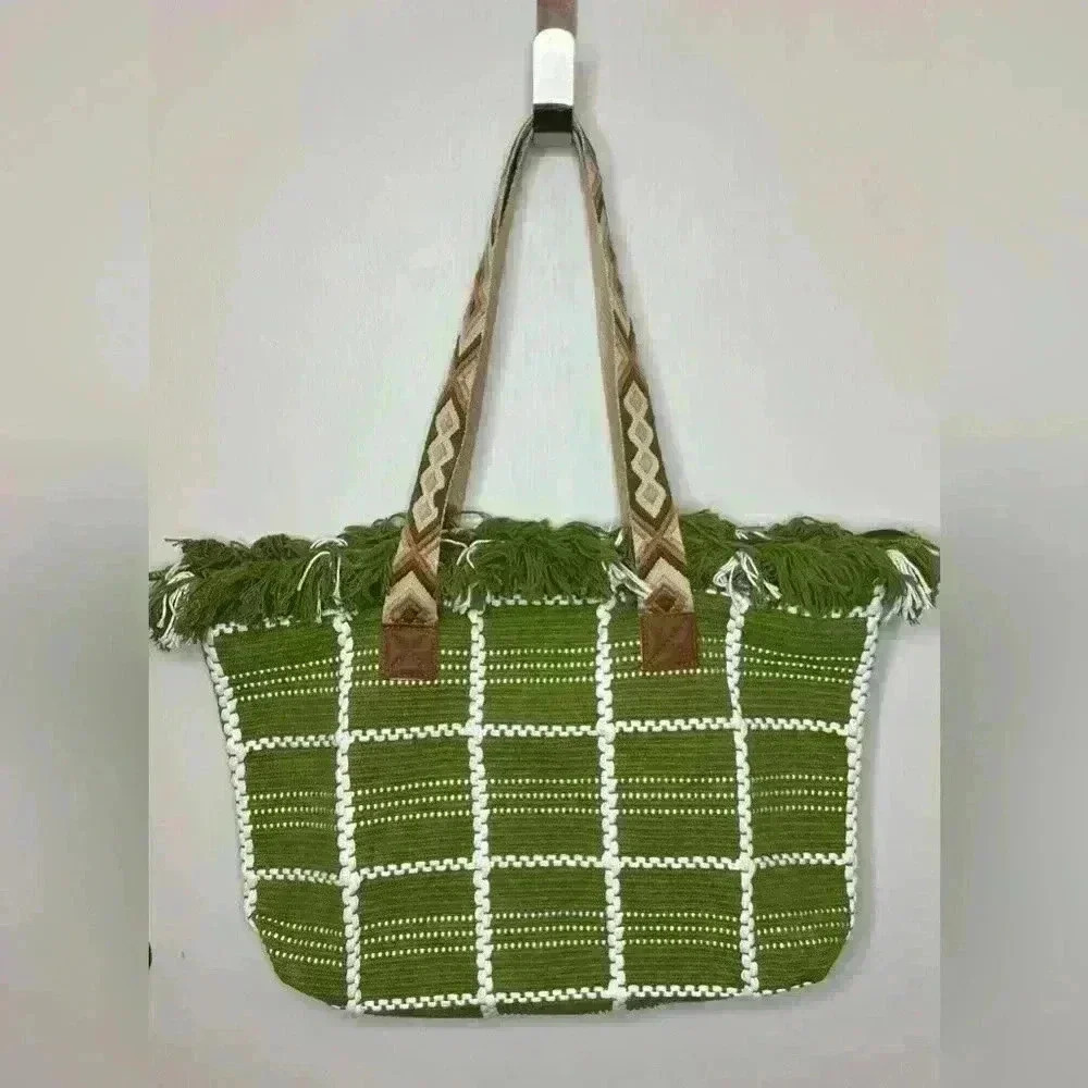 Women’s Large Shoulder Boho Style Tote Bag,‎ Green/White